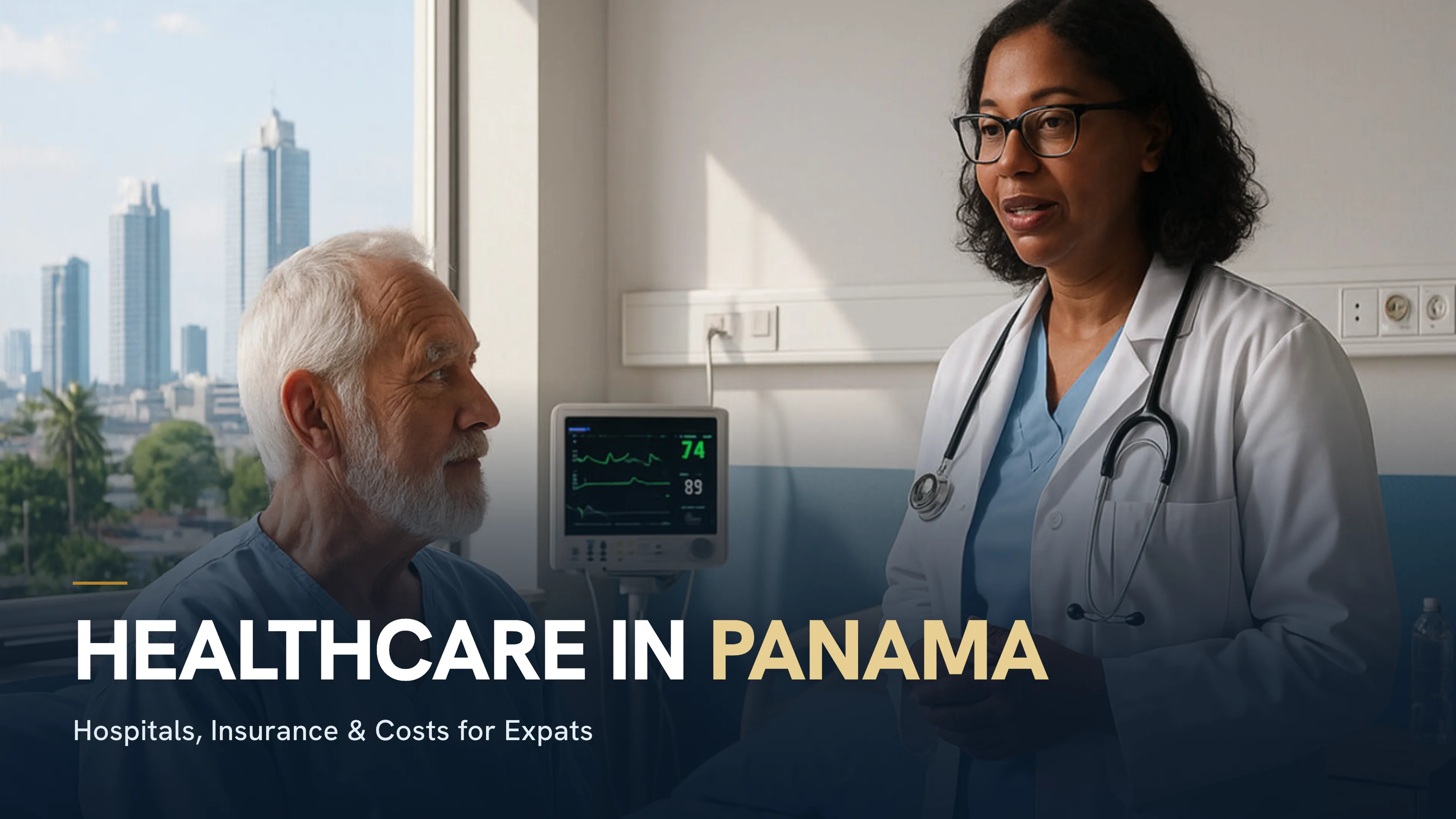 Expat patient consulting with a doctor at a modern Panama City hospital with skyline view