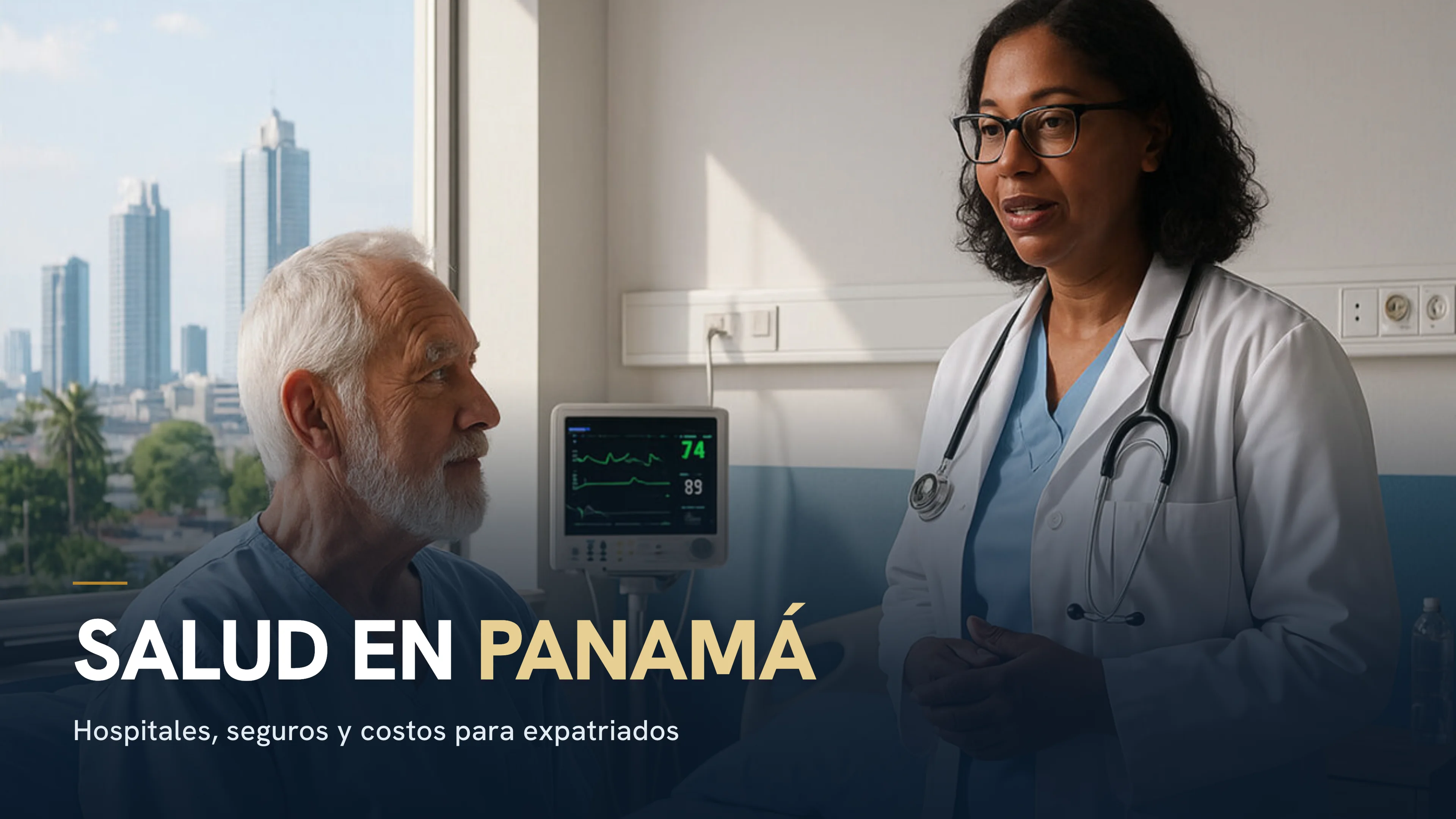 Expatriado consultando con un médico en un hospital moderno de Ciudad de Panamá con vista al skyline